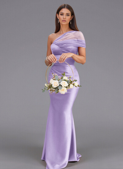 Elegant Tulle One-Shoulder Trumpet/Mermaid Floor-Length Satin Bridesmaid Dresses