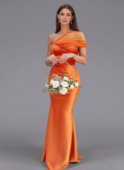 Elegant Tulle One-Shoulder Trumpet/Mermaid Floor-Length Satin Bridesmaid Dresses