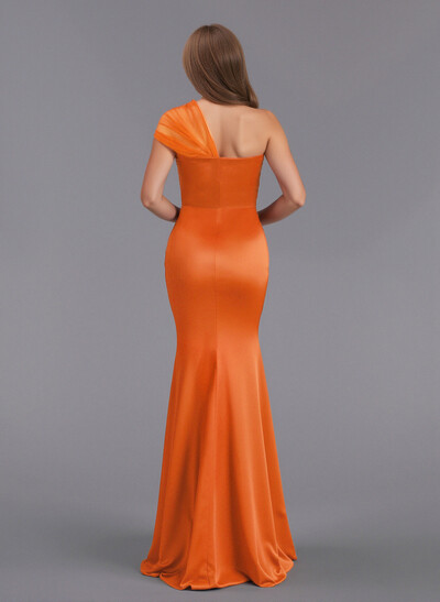 Elegant Tulle One-Shoulder Trumpet/Mermaid Floor-Length Satin Bridesmaid Dresses