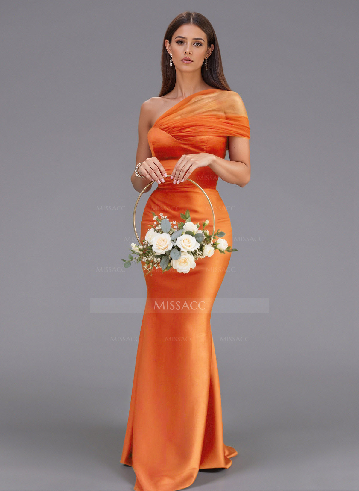 Elegant Tulle One-Shoulder Trumpet/Mermaid Floor-Length Satin Bridesmaid Dresses