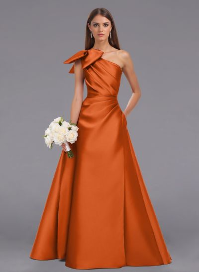 Elegant Bow(s) One-Shoulder A-Line Floor-Length Satin Bridesmaid Dresses