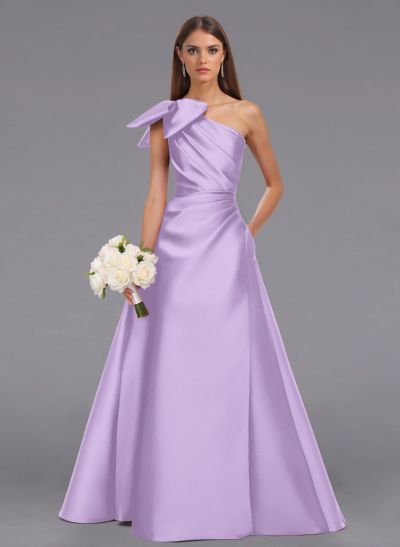 Elegant Bow(s) One-Shoulder A-Line Floor-Length Satin Bridesmaid Dresses