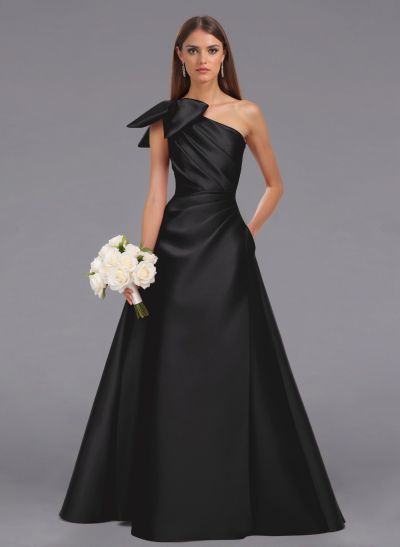 Elegant Bow(s) One-Shoulder A-Line Floor-Length Satin Bridesmaid Dresses