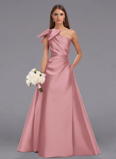 Elegant Bow(s) One-Shoulder A-Line Floor-Length Satin Bridesmaid Dresses