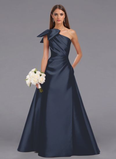 Elegant Bow(s) One-Shoulder A-Line Floor-Length Satin Bridesmaid Dresses