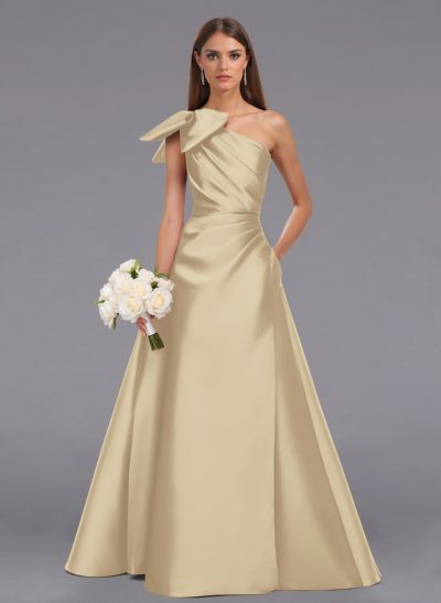 Elegant Bow(s) One-Shoulder A-Line Floor-Length Satin Bridesmaid Dresses