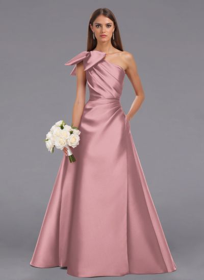 Elegant Bow(s) One-Shoulder A-Line Floor-Length Satin Bridesmaid Dresses