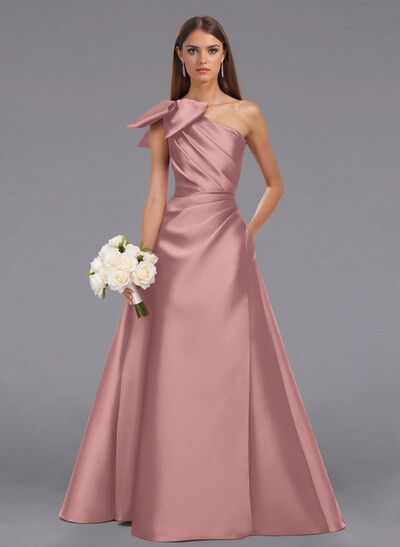Elegant Bow(s) One-Shoulder A-Line Floor-Length Satin Bridesmaid Dresses