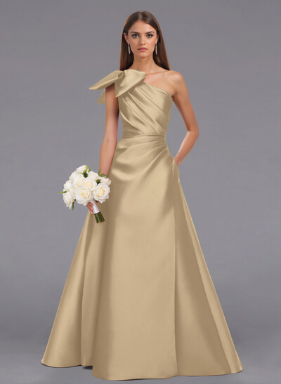 Elegant Bow(s) One-Shoulder A-Line Floor-Length Satin Bridesmaid Dresses