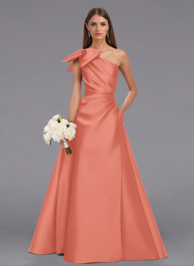 Elegant Bow(s) One-Shoulder A-Line Floor-Length Satin Bridesmaid Dresses