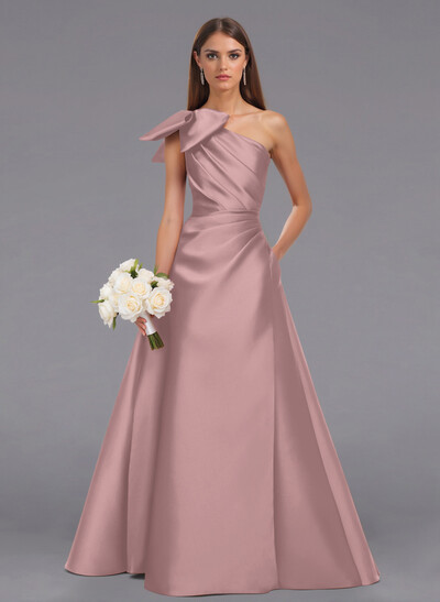 Elegant Bow(s) One-Shoulder A-Line Floor-Length Satin Bridesmaid Dresses