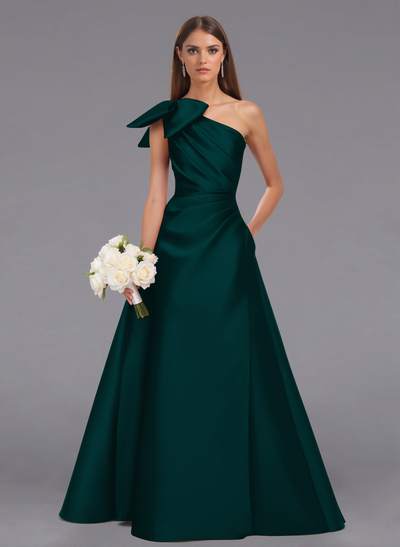 Elegant Bow(s) One-Shoulder A-Line Floor-Length Satin Bridesmaid Dresses