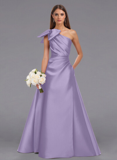 Elegant Bow(s) One-Shoulder A-Line Floor-Length Satin Bridesmaid Dresses