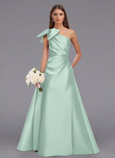 Elegant Bow(s) One-Shoulder A-Line Floor-Length Satin Bridesmaid Dresses