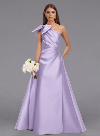 Elegant Bow(s) One-Shoulder A-Line Floor-Length Satin Bridesmaid Dresses
