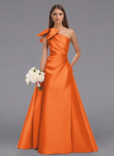 Elegant Bow(s) One-Shoulder A-Line Floor-Length Satin Bridesmaid Dresses
