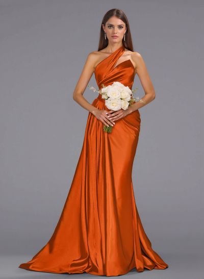 Unique One-Shoulder Sweep Train Silk Like Satin Bridesmaid Dresses With Sweeping Side Drape