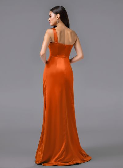 Unique One-Shoulder Sweep Train Silk Like Satin Bridesmaid Dresses With Sweeping Side Drape