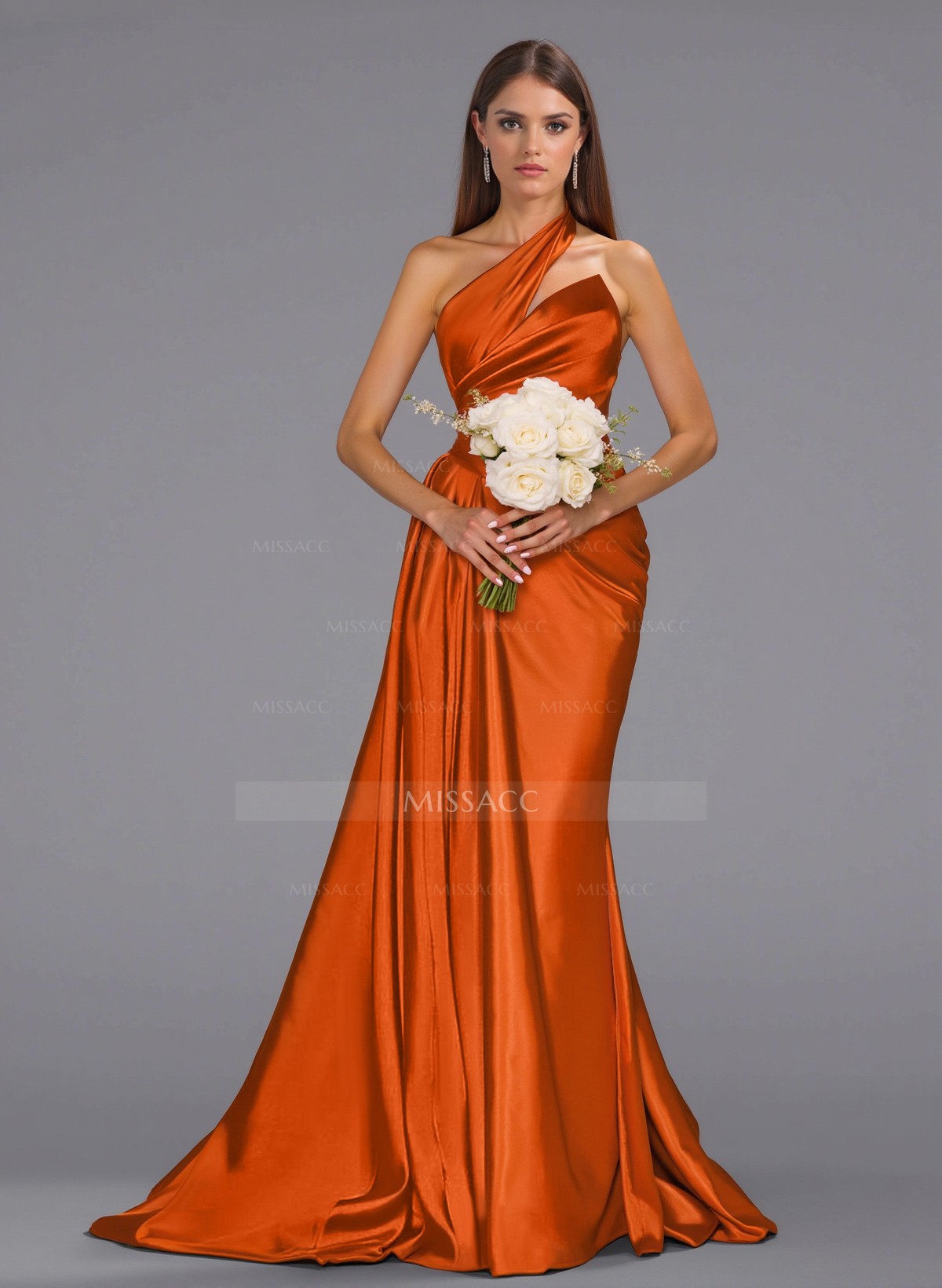 Unique One-Shoulder Sweep Train Silk Like Satin Bridesmaid Dresses With Sweeping Side Drape