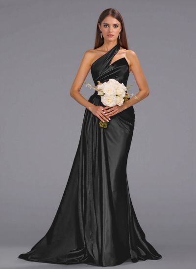 Unique One-Shoulder Sweep Train Silk Like Satin Bridesmaid Dresses With Sweeping Side Drape