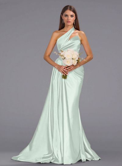 Unique One-Shoulder Sweep Train Silk Like Satin Bridesmaid Dresses With Sweeping Side Drape