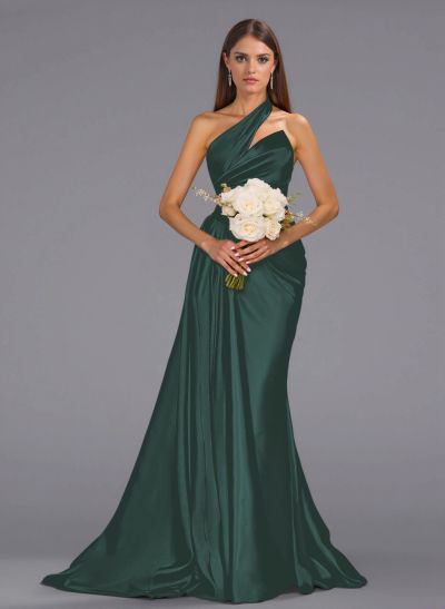 Unique One-Shoulder Sweep Train Silk Like Satin Bridesmaid Dresses With Sweeping Side Drape