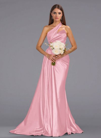 Unique One-Shoulder Sweep Train Silk Like Satin Bridesmaid Dresses With Sweeping Side Drape