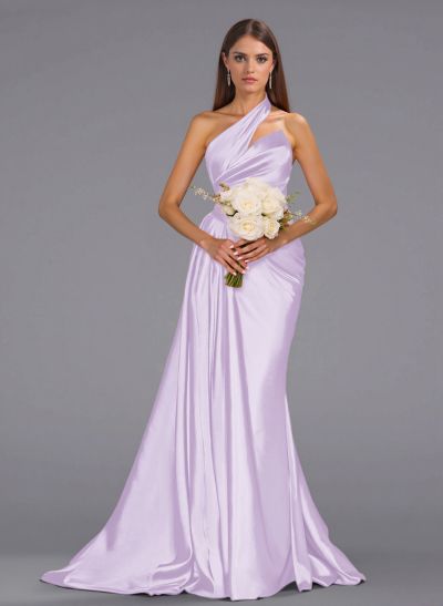 Unique One-Shoulder Sweep Train Silk Like Satin Bridesmaid Dresses With Sweeping Side Drape