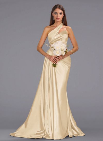 Unique One-Shoulder Sweep Train Silk Like Satin Bridesmaid Dresses With Sweeping Side Drape