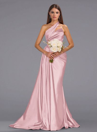 Unique One-Shoulder Sweep Train Silk Like Satin Bridesmaid Dresses With Sweeping Side Drape