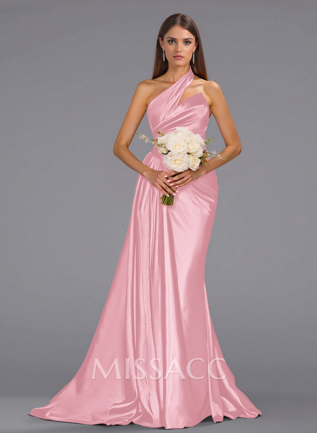 Unique One-Shoulder Sweep Train Silk Like Satin Bridesmaid Dresses With Sweeping Side Drape