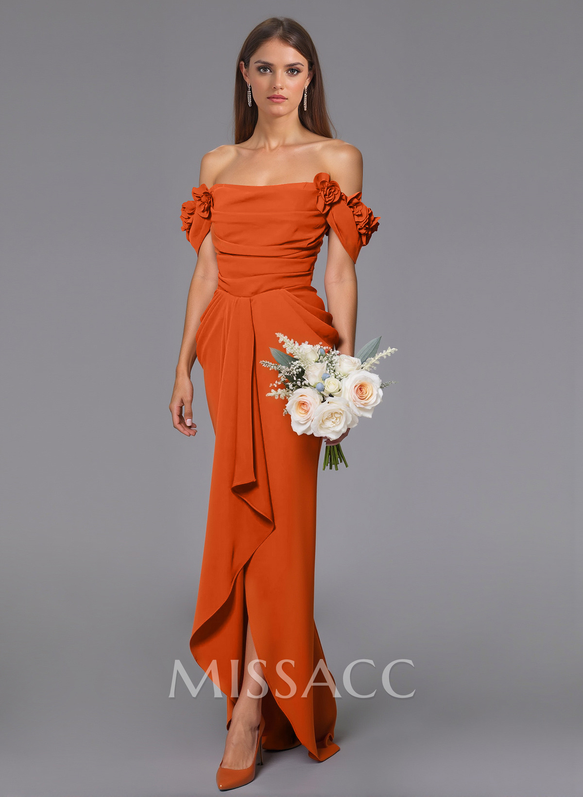 Elegant Flower(s) Off-The-Shoulder Asymmetrical Length Elastic Satin Bridesmaid Dresses With Ruffle Elegant Flower(s) Off-The-Shoulder Asymmetrical Length Elastic Satin Bridesmaid Dresses With Ruffle