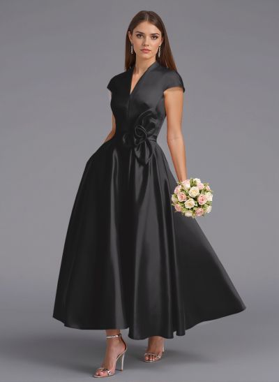 Classic V-Neck Short Sleeves Flower(s) A-Line Ankle-Length Satin Bridesmaid Dresses With Pockets