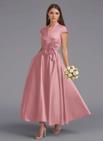Classic V-Neck Short Sleeves Flower(s) A-Line Ankle-Length Satin Bridesmaid Dresses With Pockets