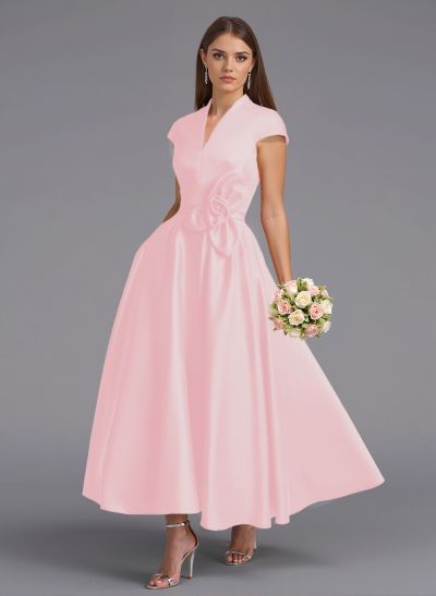Classic V-Neck Short Sleeves Flower(s) A-Line Ankle-Length Satin Bridesmaid Dresses With Pockets