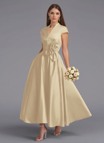 Classic V-Neck Short Sleeves Flower(s) A-Line Ankle-Length Satin Bridesmaid Dresses With Pockets