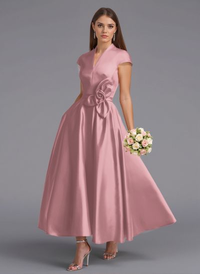 Classic V-Neck Short Sleeves Flower(s) A-Line Ankle-Length Satin Bridesmaid Dresses With Pockets