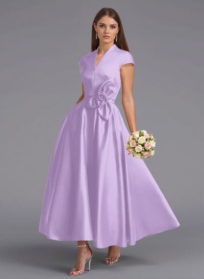 Classic V-Neck Short Sleeves Flower(s) A-Line Ankle-Length Satin Bridesmaid Dresses With Pockets