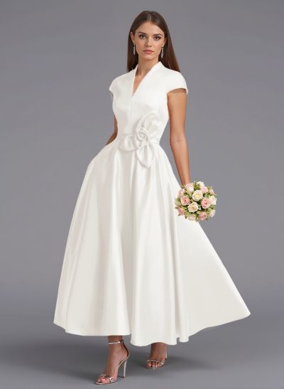 Classic V-Neck Short Sleeves Flower(s) A-Line Ankle-Length Satin Bridesmaid Dresses With Pockets Classic V-Neck Short Sleeves Flower(s) A-Line Ankle-Length Satin Bridesmaid Dresses With Pockets