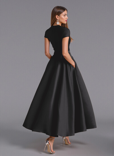 Classic V-Neck Short Sleeves Flower(s) A-Line Ankle-Length Satin Bridesmaid Dresses With Pockets
