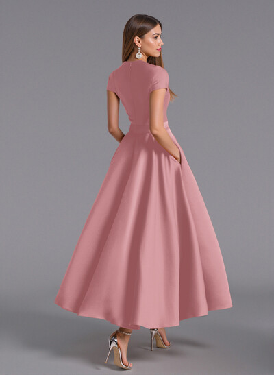 Classic V-Neck Short Sleeves Flower(s) A-Line Ankle-Length Satin Bridesmaid Dresses With Pockets