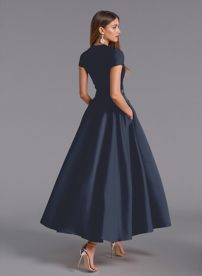 Classic V-Neck Short Sleeves Flower(s) A-Line Ankle-Length Satin Bridesmaid Dresses With Pockets