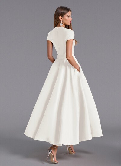 Classic V-Neck Short Sleeves Flower(s) A-Line Ankle-Length Satin Bridesmaid Dresses With Pockets Classic V-Neck Short Sleeves Flower(s) A-Line Ankle-Length Satin Bridesmaid Dresses With Pockets