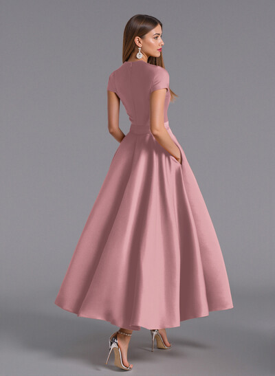 Classic V-Neck Short Sleeves Flower(s) A-Line Ankle-Length Satin Bridesmaid Dresses With Pockets