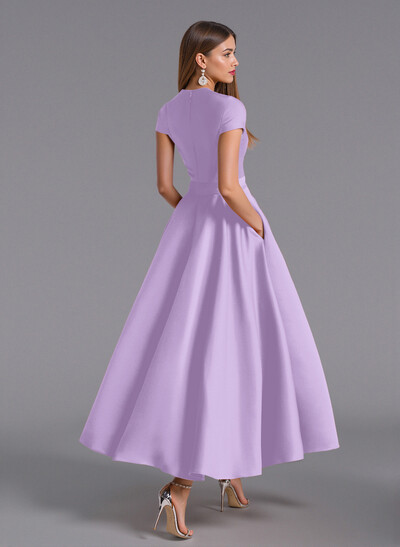 Classic V-Neck Short Sleeves Flower(s) A-Line Ankle-Length Satin Bridesmaid Dresses With Pockets