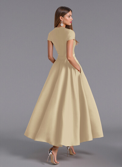 Classic V-Neck Short Sleeves Flower(s) A-Line Ankle-Length Satin Bridesmaid Dresses With Pockets