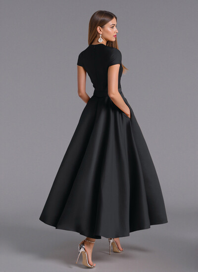 Classic V-Neck Short Sleeves Flower(s) A-Line Ankle-Length Satin Bridesmaid Dresses With Pockets