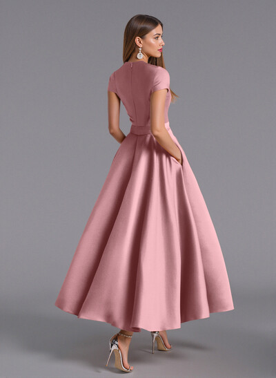Classic V-Neck Short Sleeves Flower(s) A-Line Ankle-Length Satin Bridesmaid Dresses With Pockets