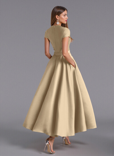 Classic V-Neck Short Sleeves Flower(s) A-Line Ankle-Length Satin Bridesmaid Dresses With Pockets