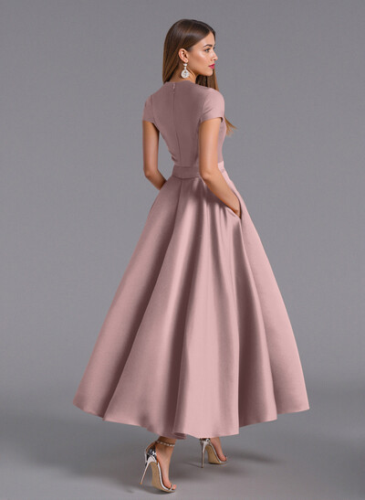 Classic V-Neck Short Sleeves Flower(s) A-Line Ankle-Length Satin Bridesmaid Dresses With Pockets
